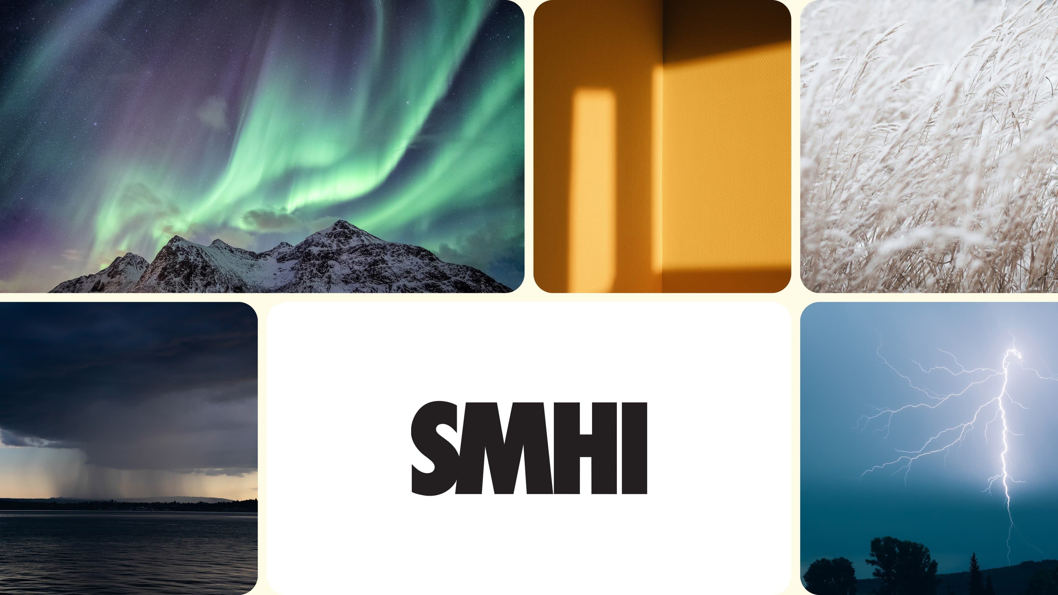 Bildkollage olika väderfenomen och SHMI:s logotyp